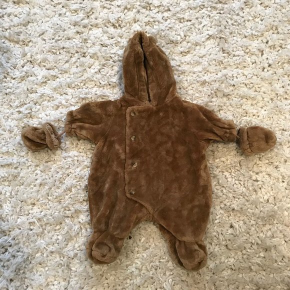 The Childrens Place Baby Luxuries Brown Bear Ears Zip Up/Button Snow Suit - 0-3m - Picture 1 of 6